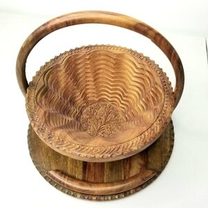 Handcarved Brown Farmhouse Decorative Collapsible Wooden Fruit Tray Basket